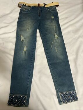 Tissini   Distressed Blue Skinny Jeans with Embroidered Cuffs size 9 NWT
